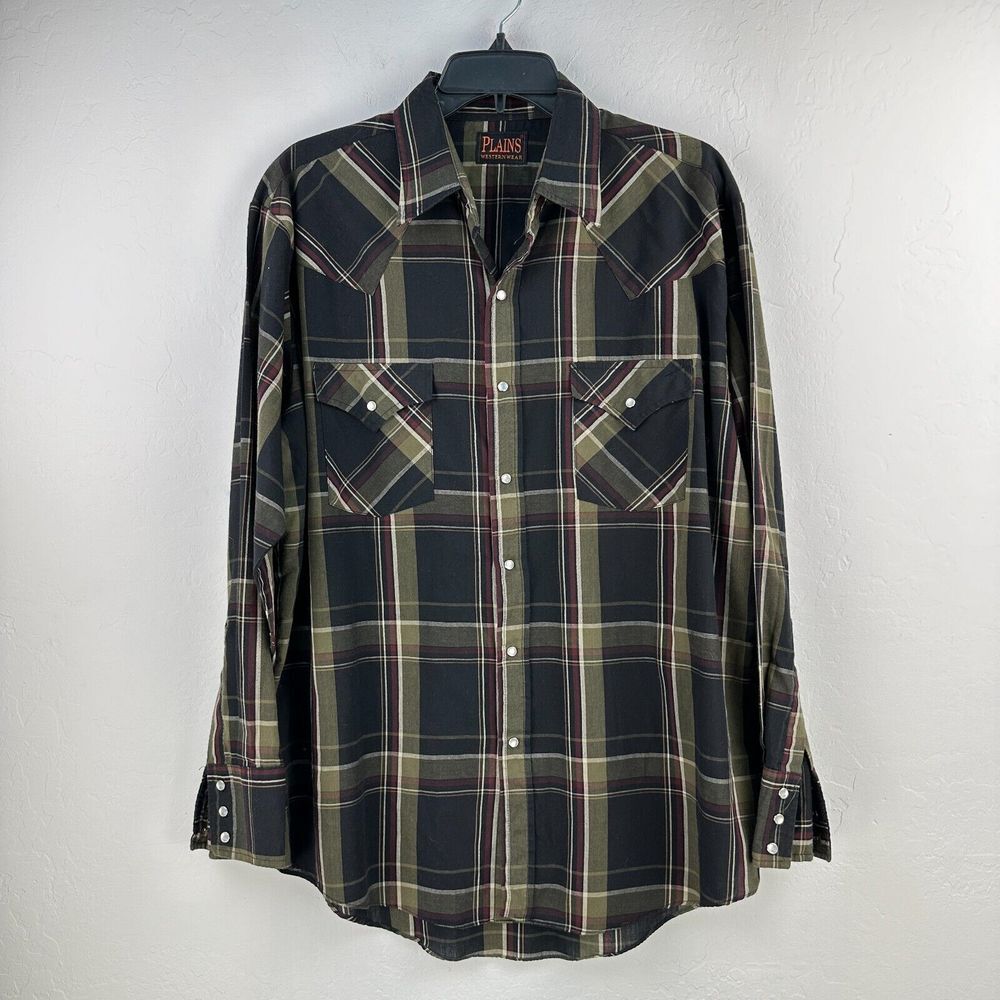 Plains Western Wear Shirt Mens‎ XL Black Green Plaid Pearl Snap Long Sleeve
